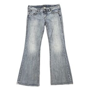 SILVER JEANS Streaked Distressed EDEN FLARE LOW-RISE Stretch 33x33 (33x31.5")